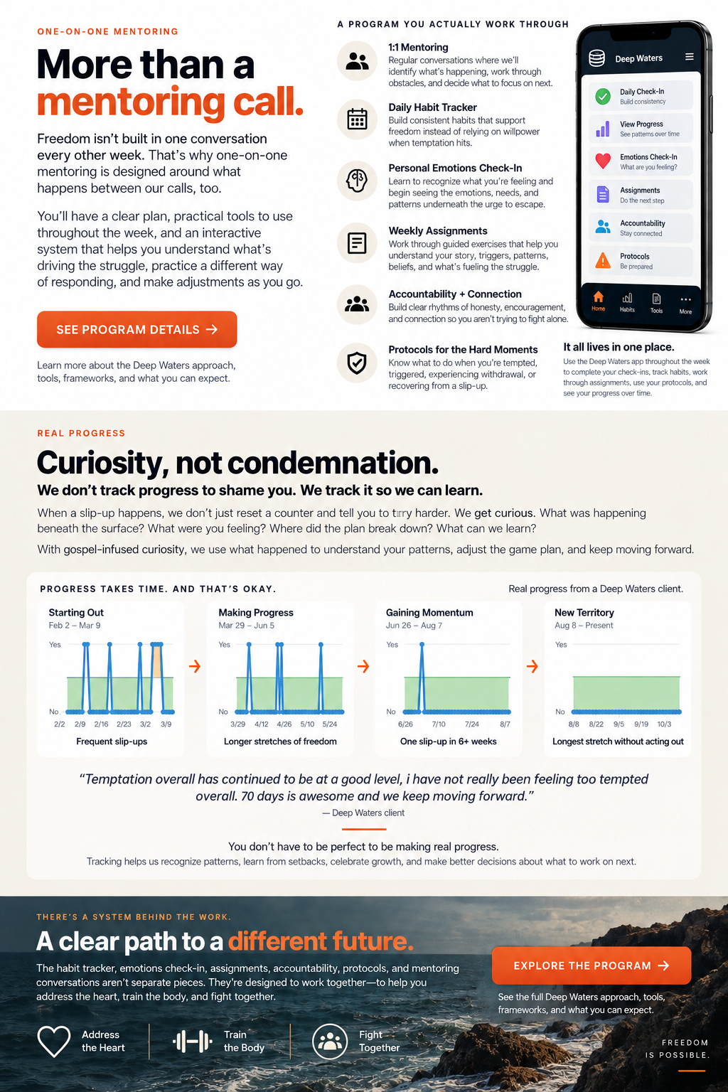 Deep Waters online portal and app displayed on a phone